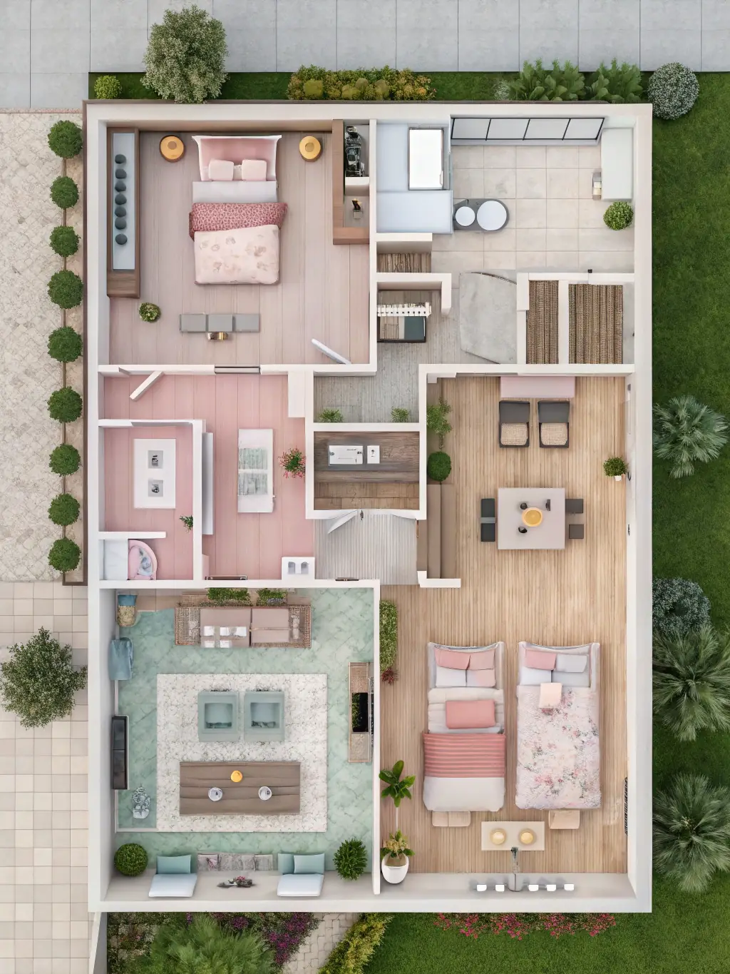 A detailed floor plan with furniture placement and design elements, illustrating the Space Planning & Layout service.