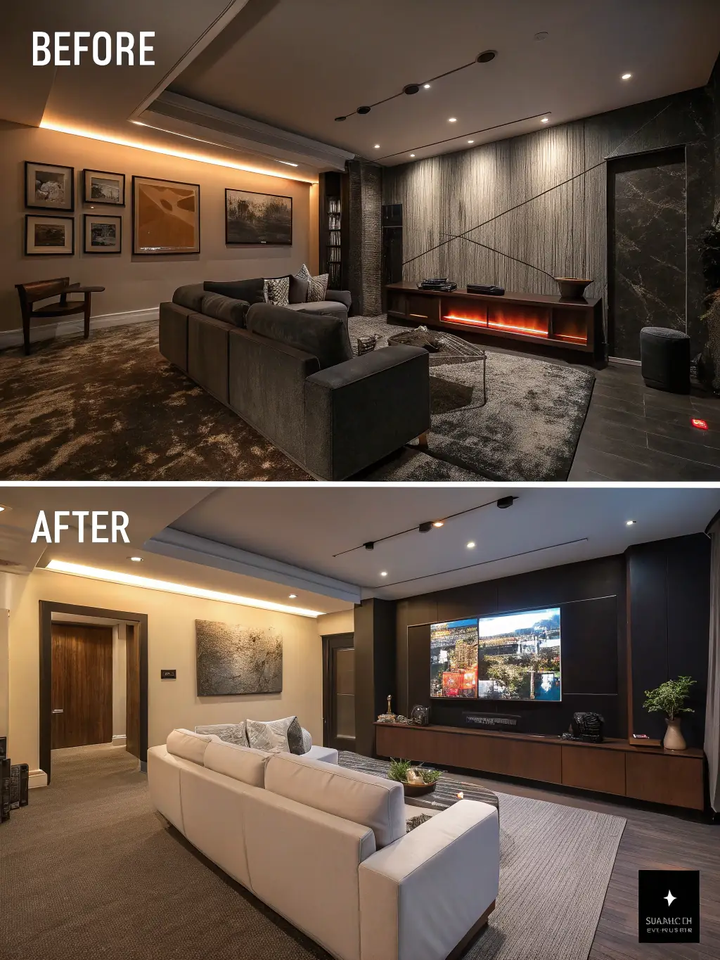 A before-and-after image of a renovated living room showcasing a dramatic transformation, representing the Full Home Makeover service.