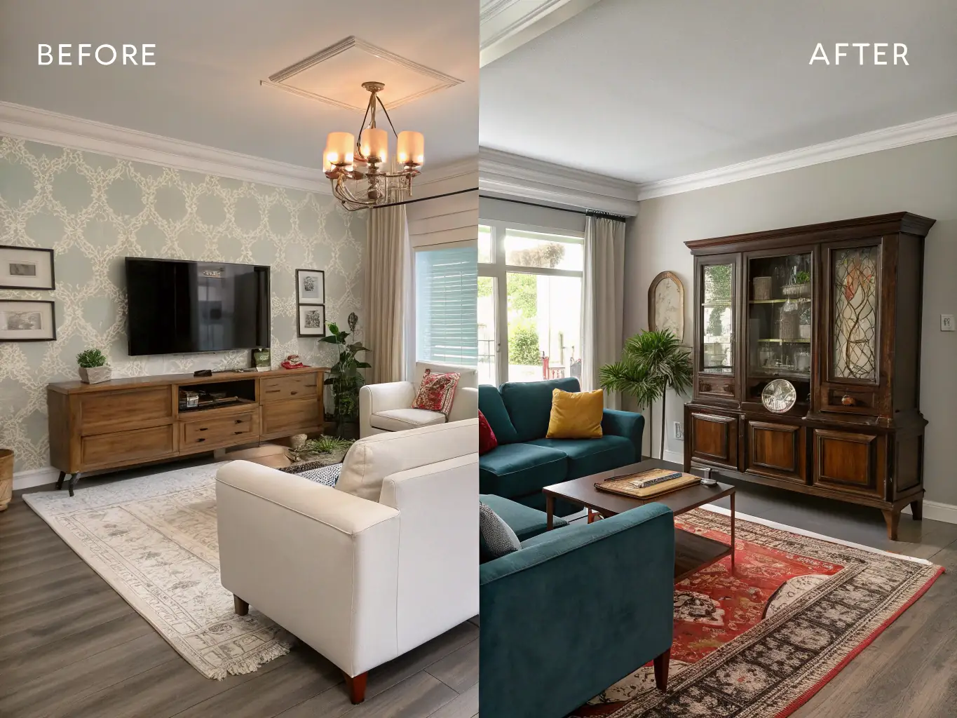 A before-and-after image of a home interior, showcasing the dramatic transformation achieved through Hommy's full home makeover service.